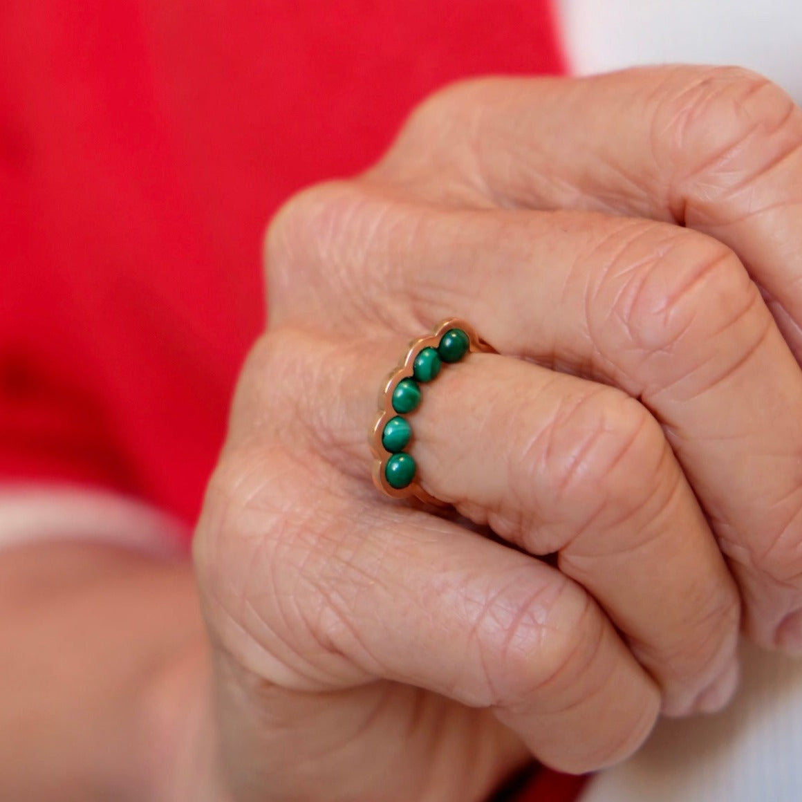 Coco Beach - Bague en or rose et perles malachite