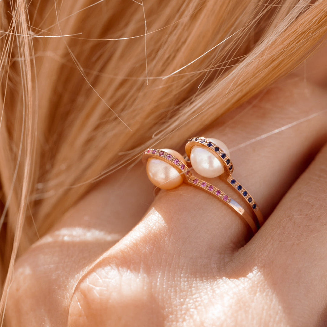 Ruhl - Bague en or rose, saphirs bleus - Perle de culture