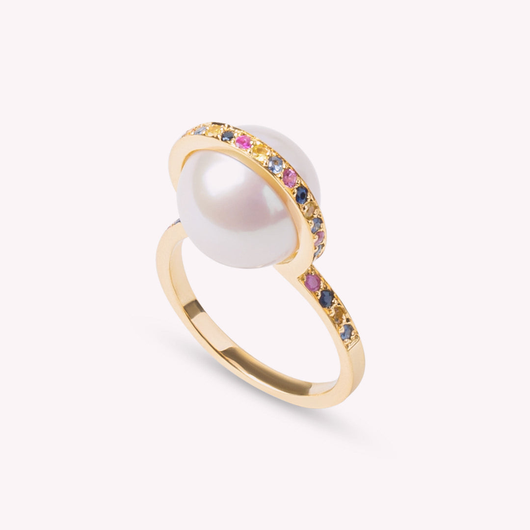 Le Plongeoir - Bague Or jaune, saphirs multicolores et perle blanche