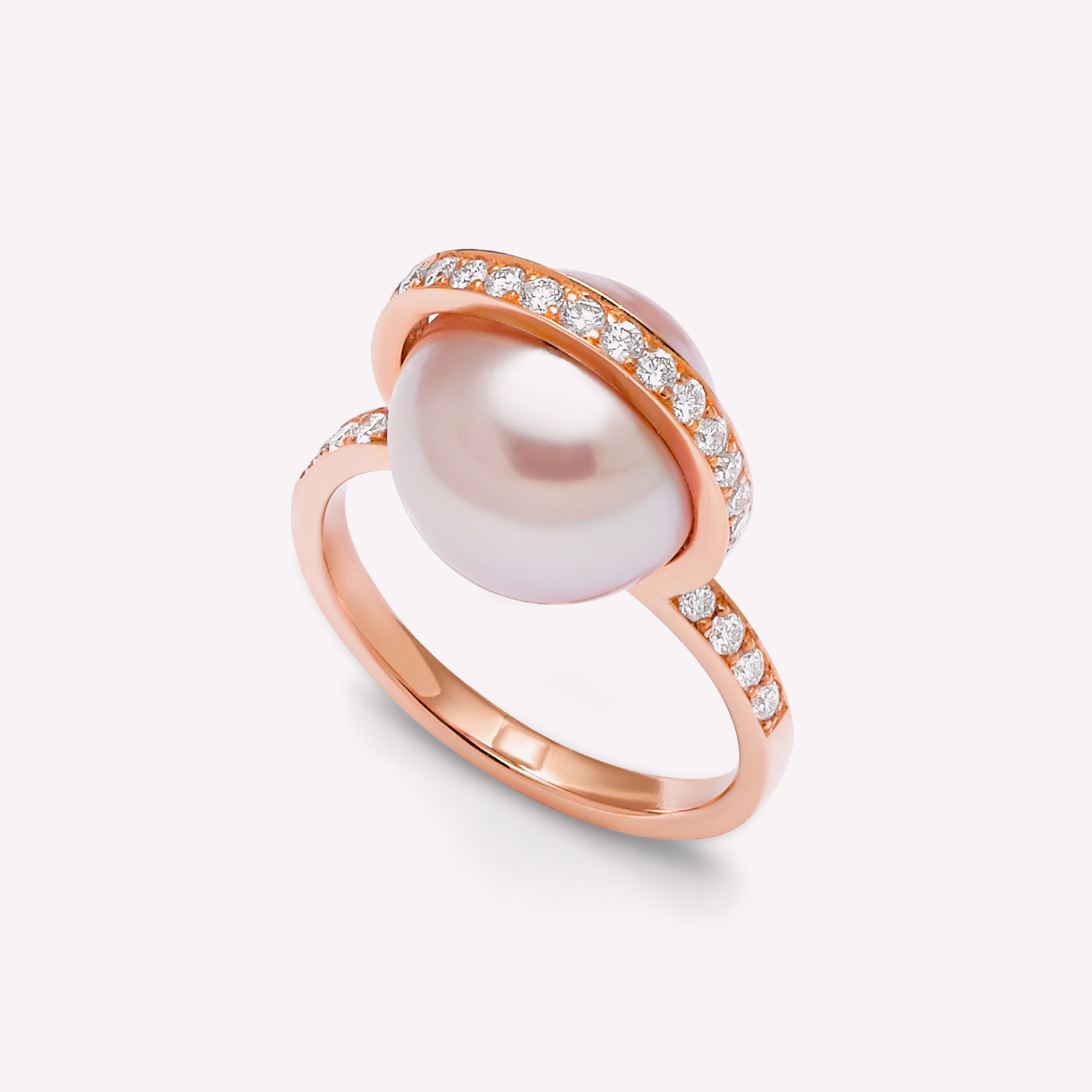 Le Plongeoir - Bague en or rose, diamants et perles de culture roses