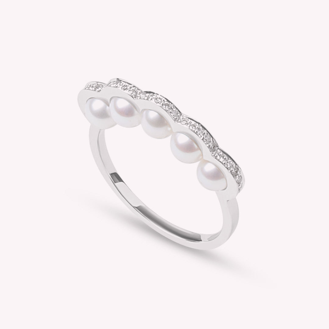 Coco Beach - Bague en or gris, diamants et perles blanches