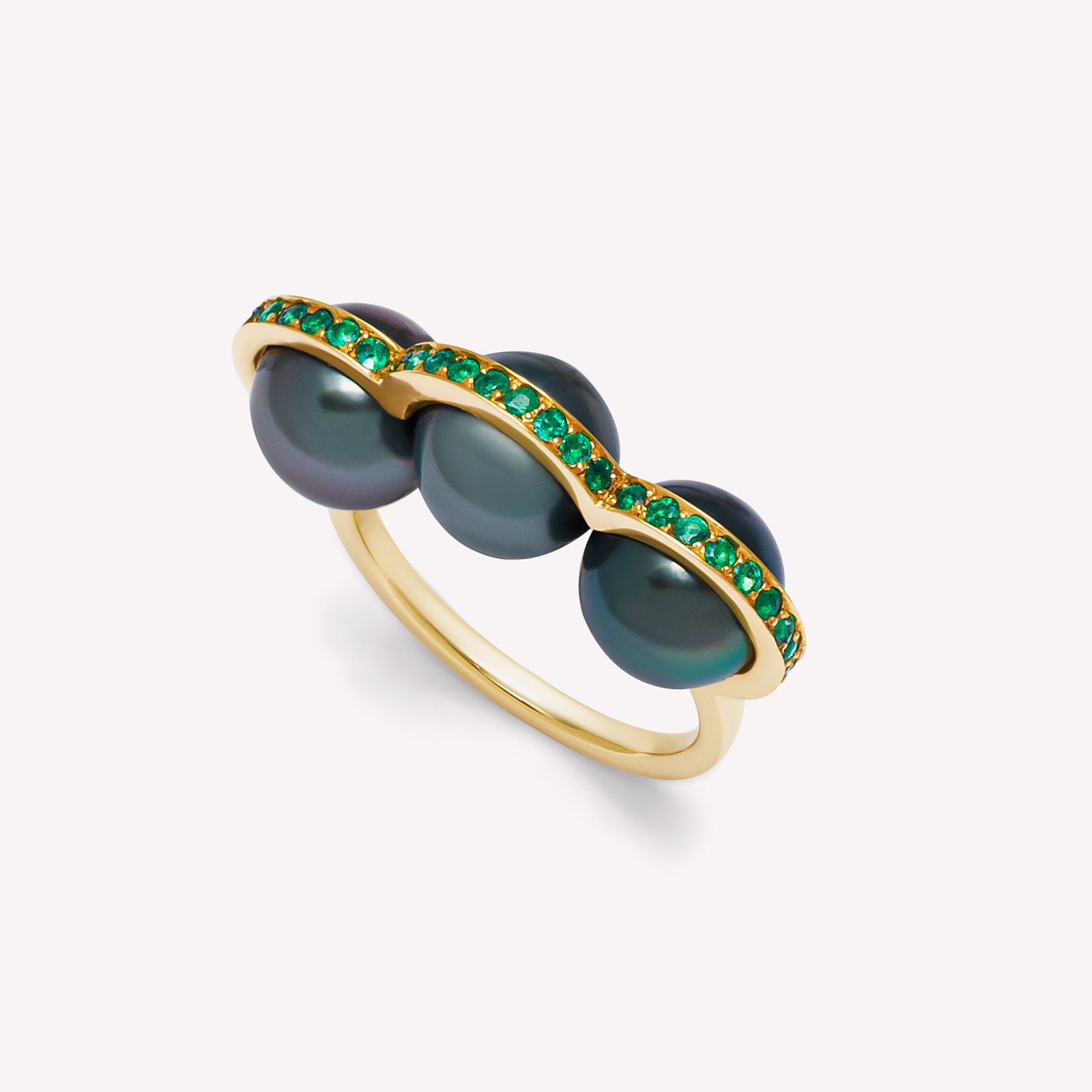 La Réserve - Bague en or jaune, émeraudes et perles de Tahiti