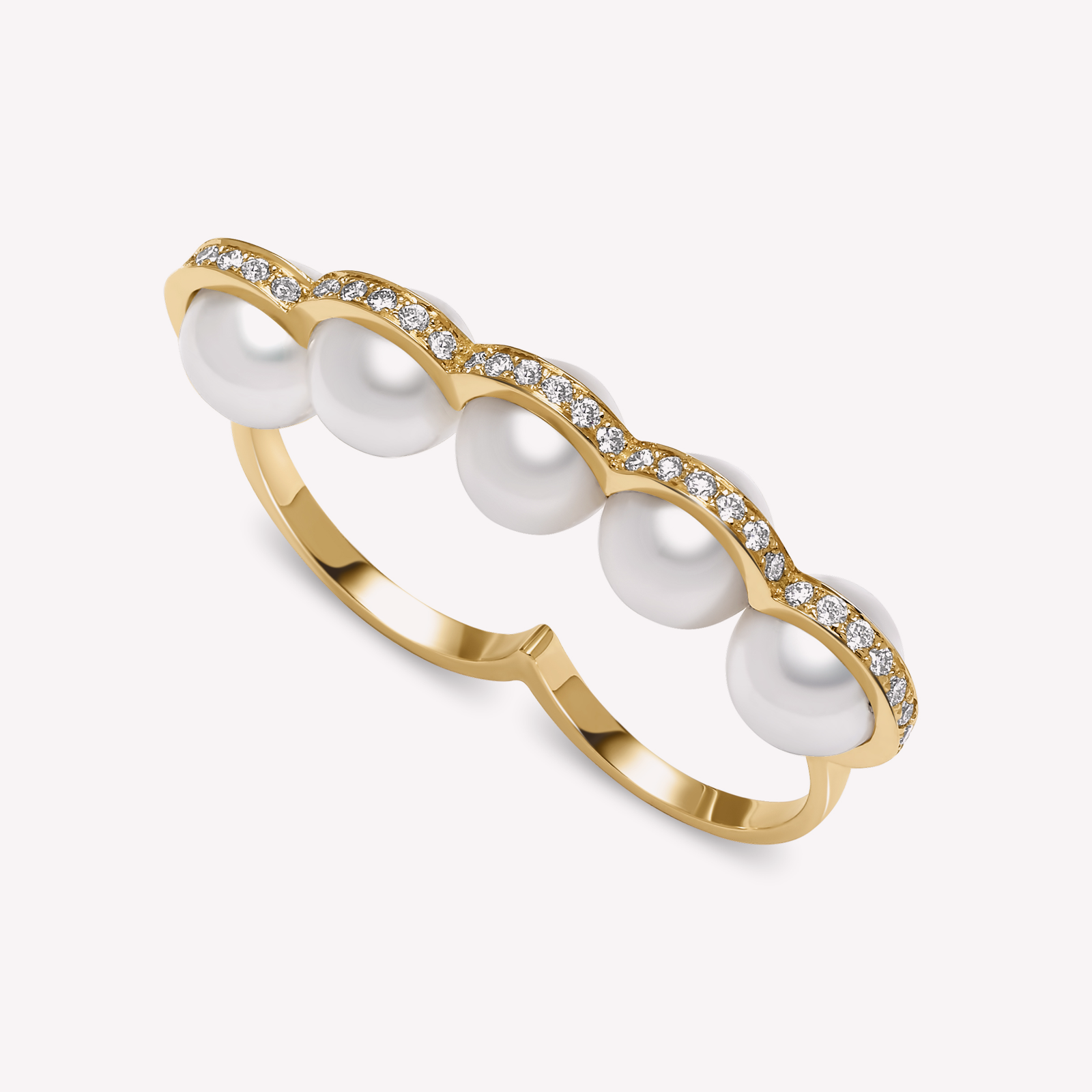 Le Sporting – Double bague en or jaune, diamants et perles blanches