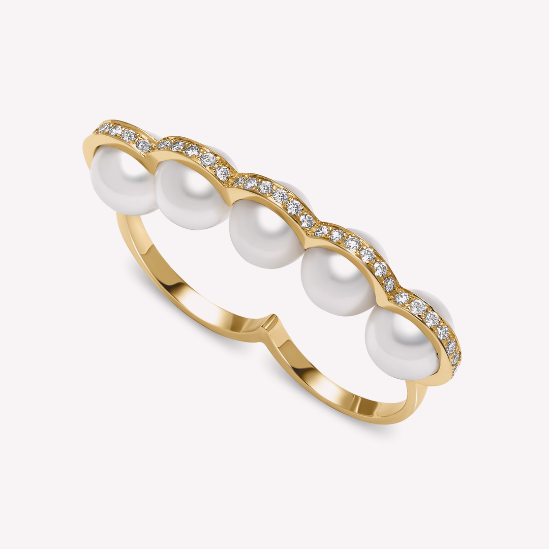 Le Sporting - Double Bague Or jaune, diamants et perles blanches