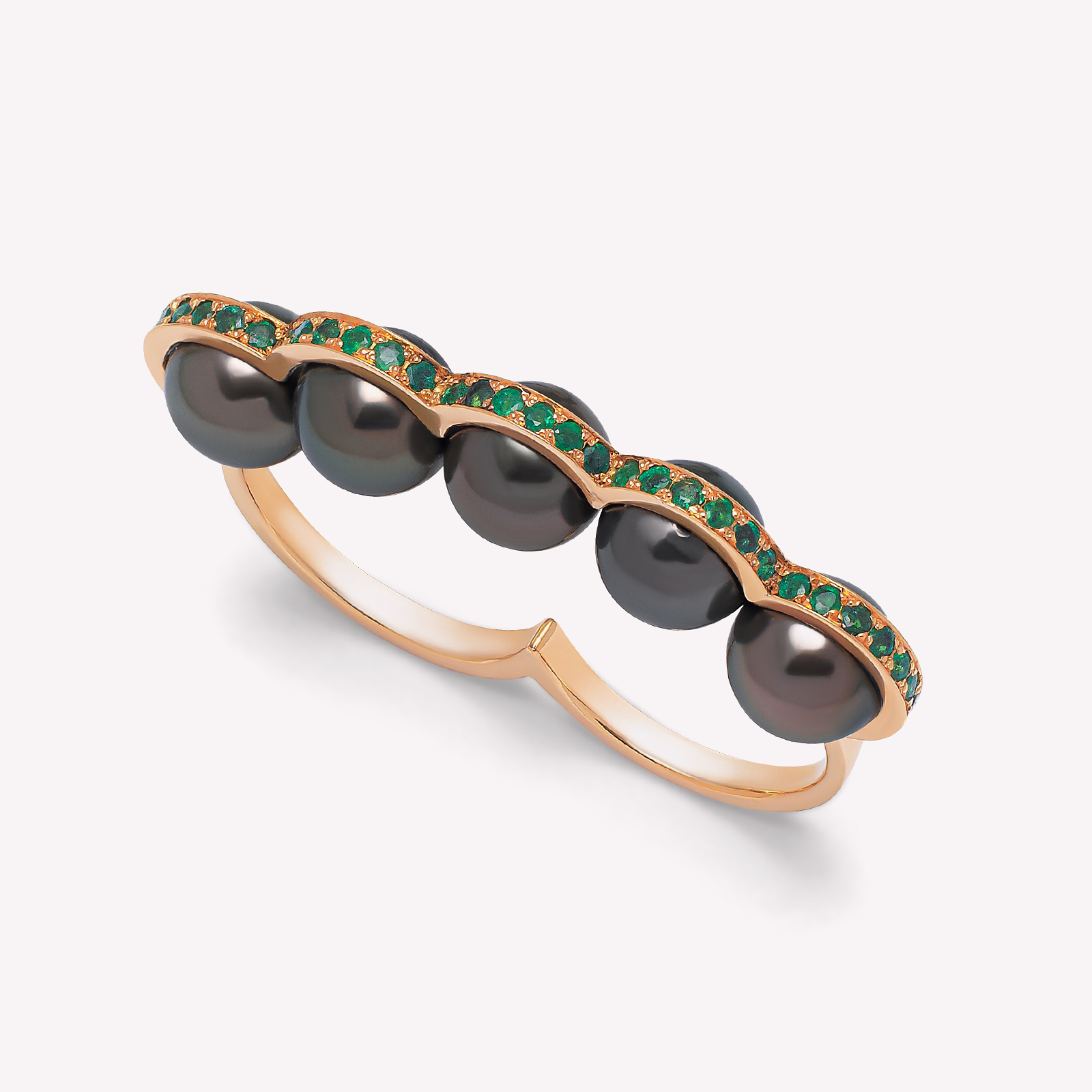 Le Sporting - Double Bague en or jaune, émeraudes et perles de Tahiti