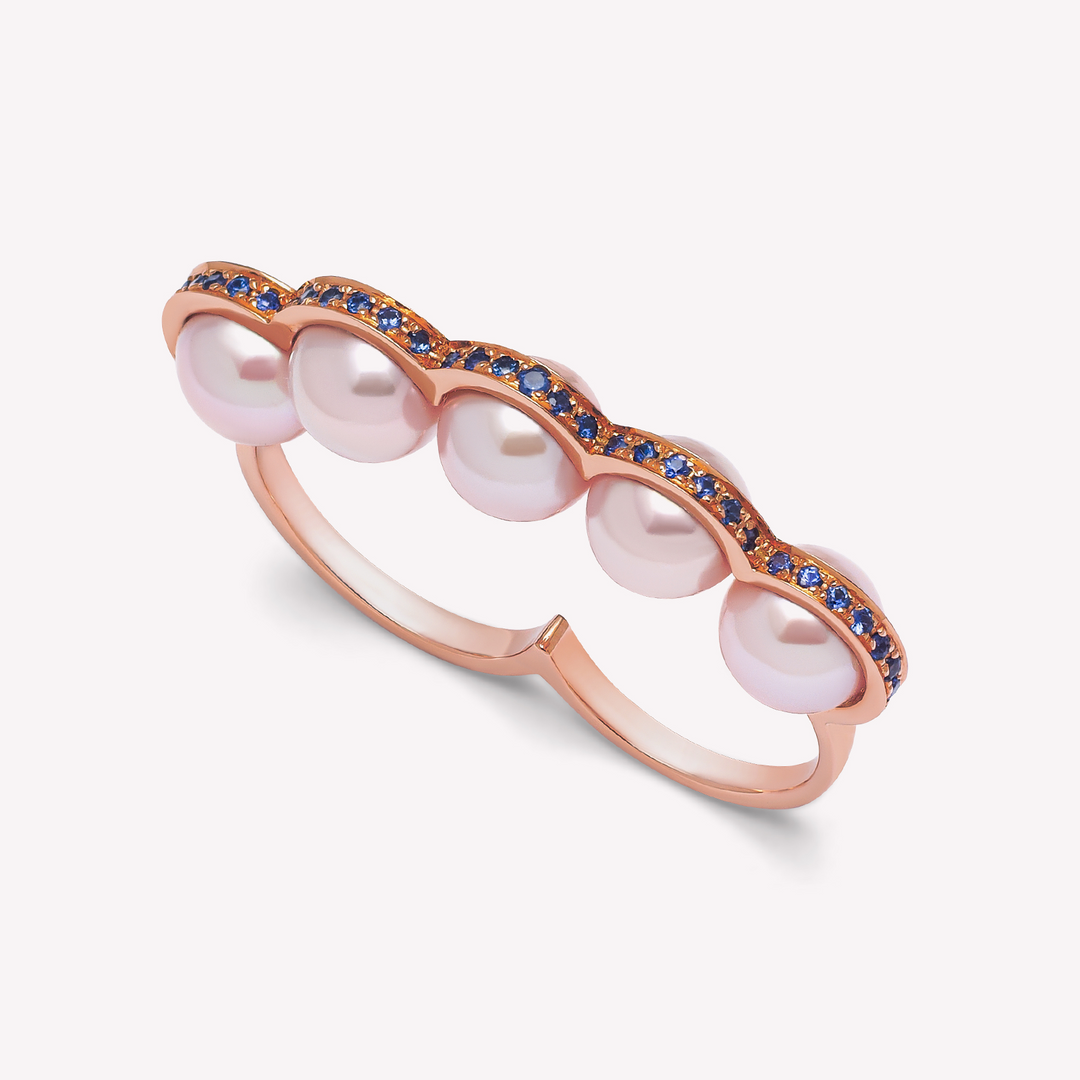 Le Sporting - Double Bague en or rose, saphir et perles roses