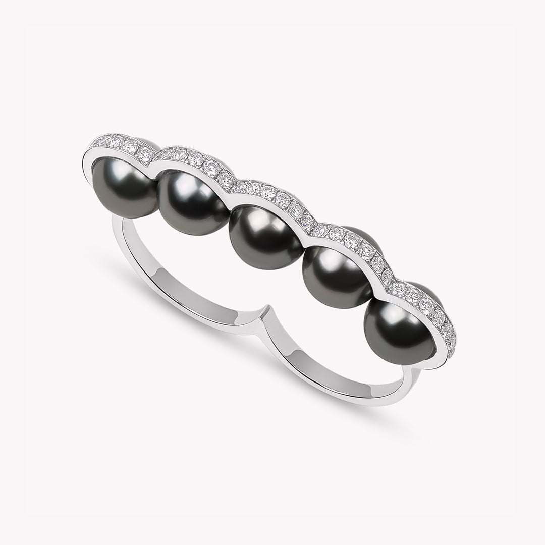 Le Sporting - Double bague en or gris, diamants et perles de tahiti
