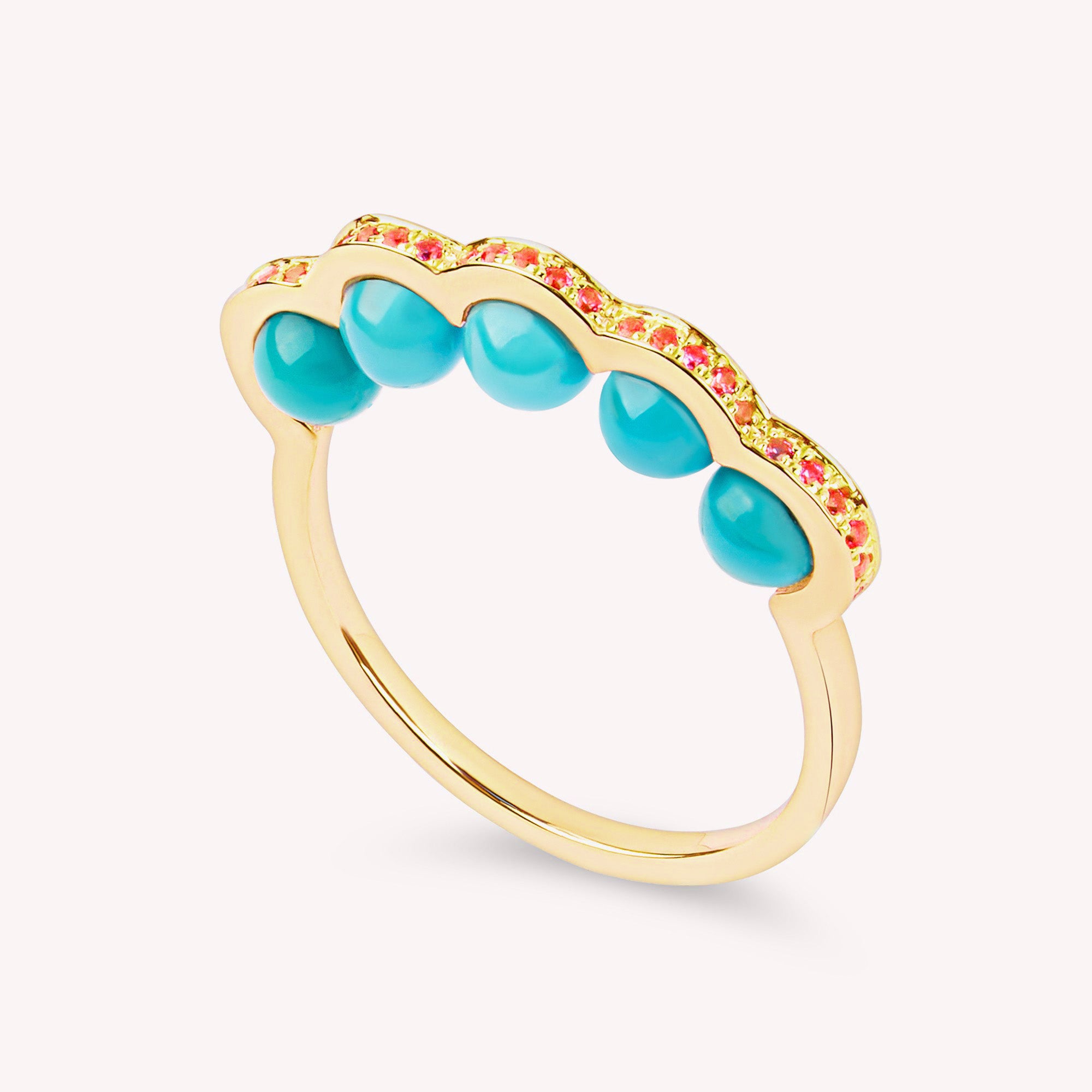 Coco Beach - Bague en or rose, saphirs roses et perles turquoises