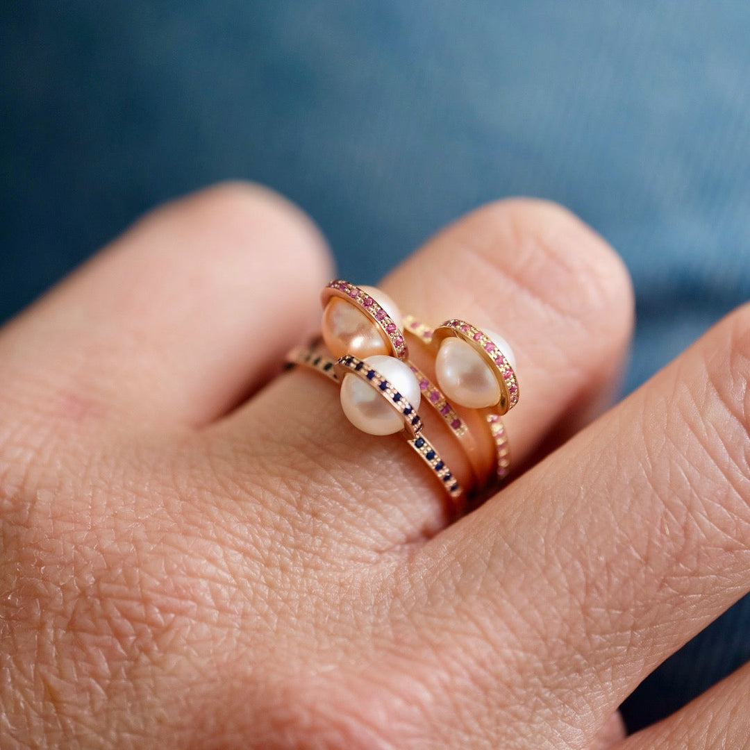 Ruhl - Bague en or rose, saphirs bleus - Perle de culture