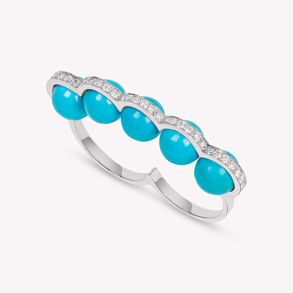 Le Sporting - Double bague en or gris, diamants et perles turquoises