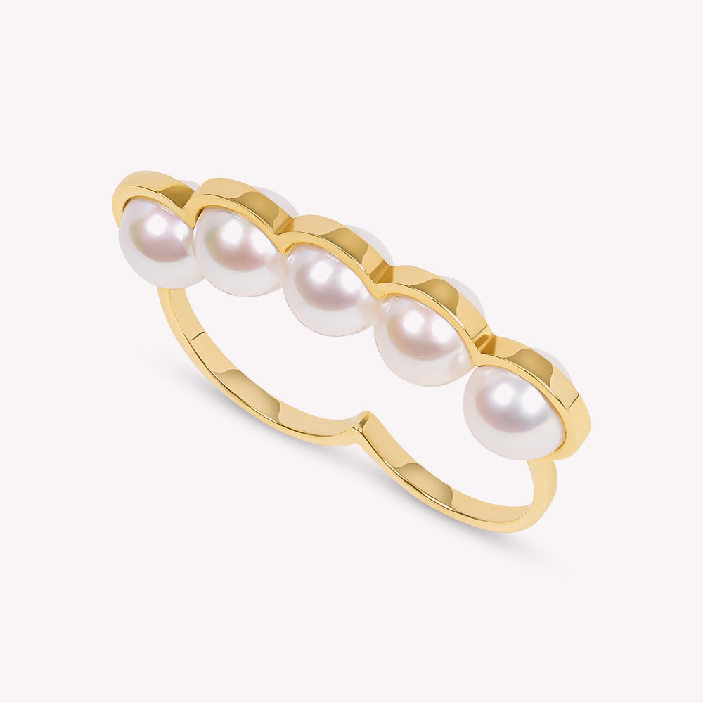 Le Sporting - Double bague or jaune - perles de culture blanches
