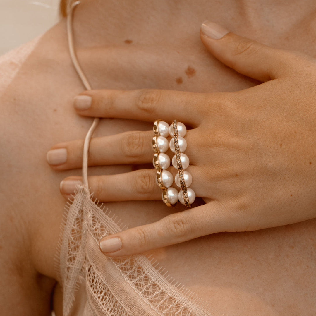 Le Sporting - Double bague or rose et perles de culture