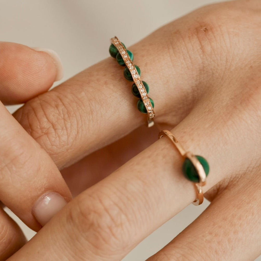 Coco beach - Bague or rose diamants et malachites