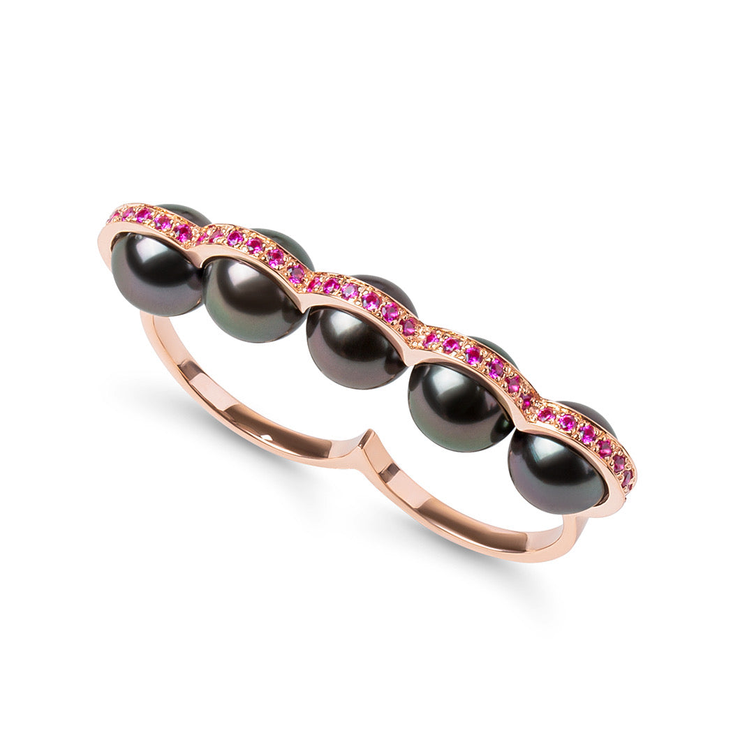 Le Sporting - Double bague en or rose saphirs roses et perles de tahiti