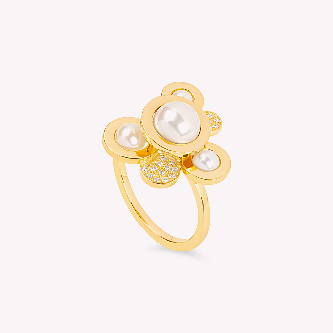 Pinède - Bague en or jaune et perles blanches - Moyen modèle