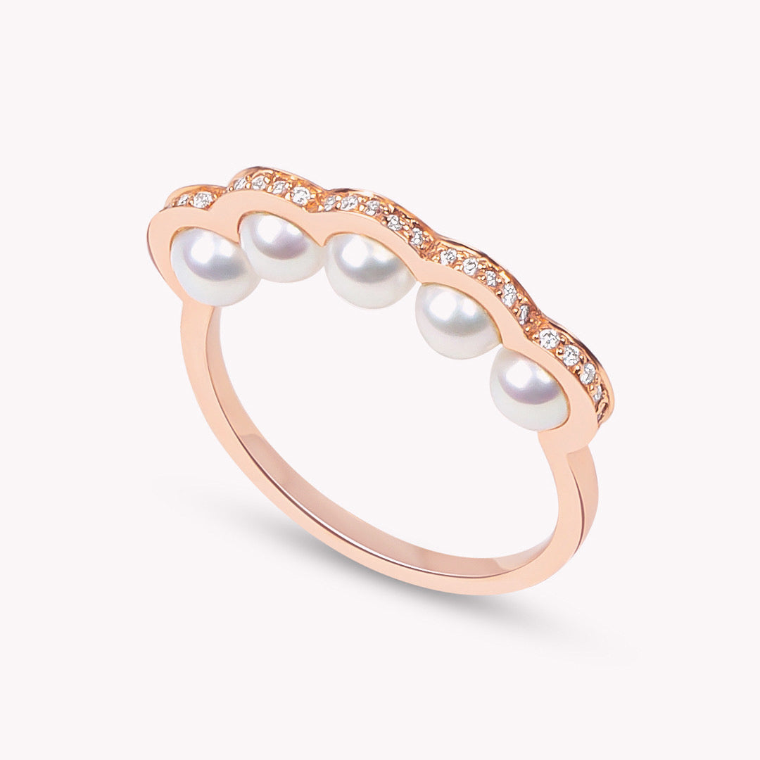 Coco Beach - Bague en or rose, diamants et perles blanches