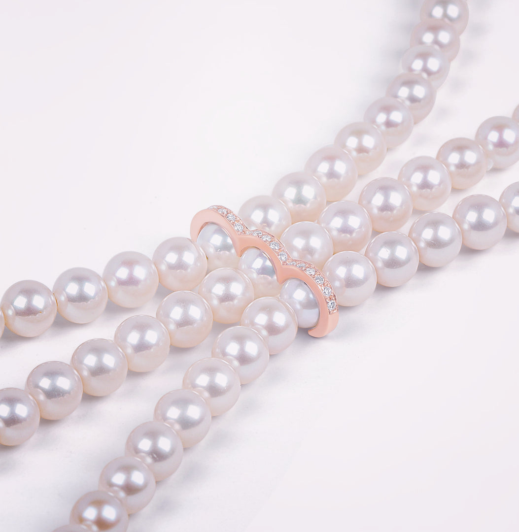 La réserve - Collier 3 rangs - perles de culture blanches - or rose et diamants