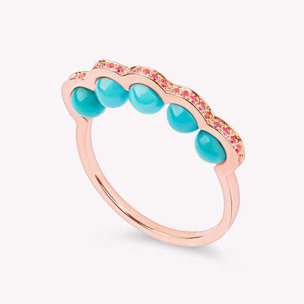 Coco Beach - Bague en or rose, saphirs roses et perles turquoises