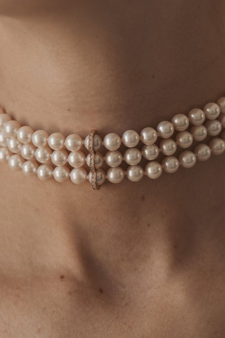 La réserve - Collier 3 rangs - perles de culture blanches - or rose et diamants