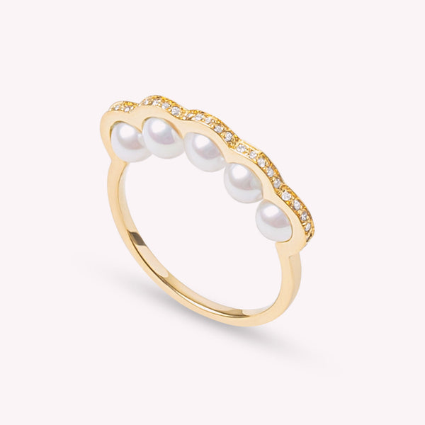 Coco Beach - Bague en or jaune, diamants et perles blanches