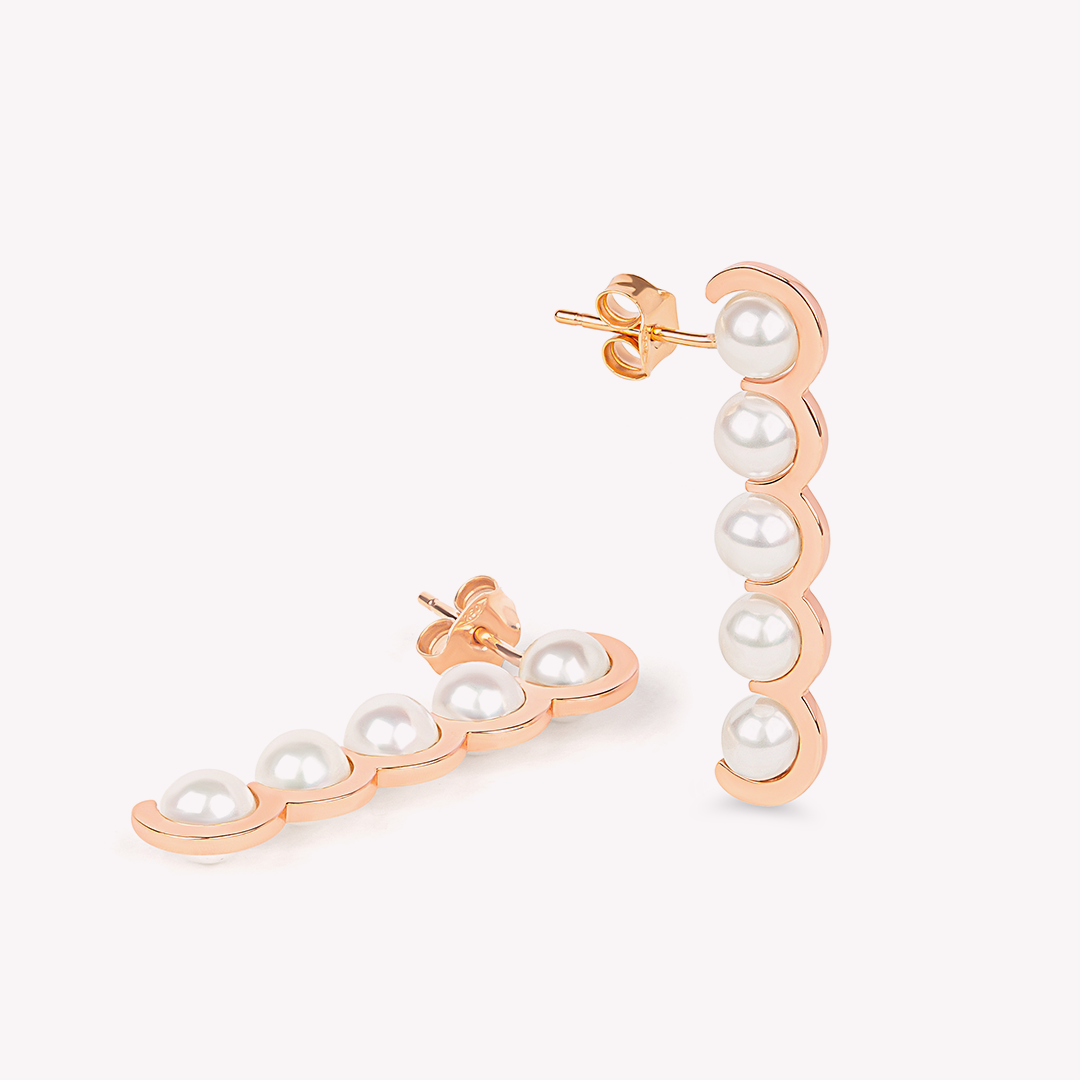 Coco Beach - Boucle d’oreille linéaire en or rose et perles blanches - Vendue à l'unité