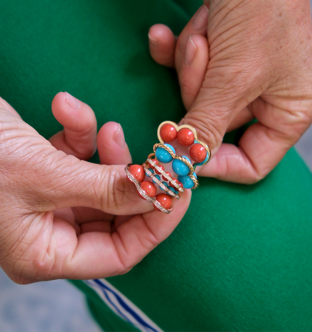 Coco Beach - Bague en or rose diamants et perles turquoises