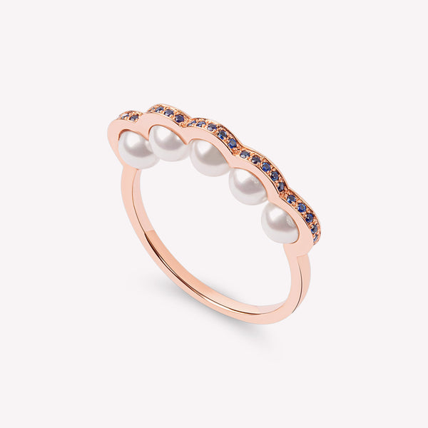 Coco Beach - Bague en or rose, saphirs bleus et perles de culture blanches