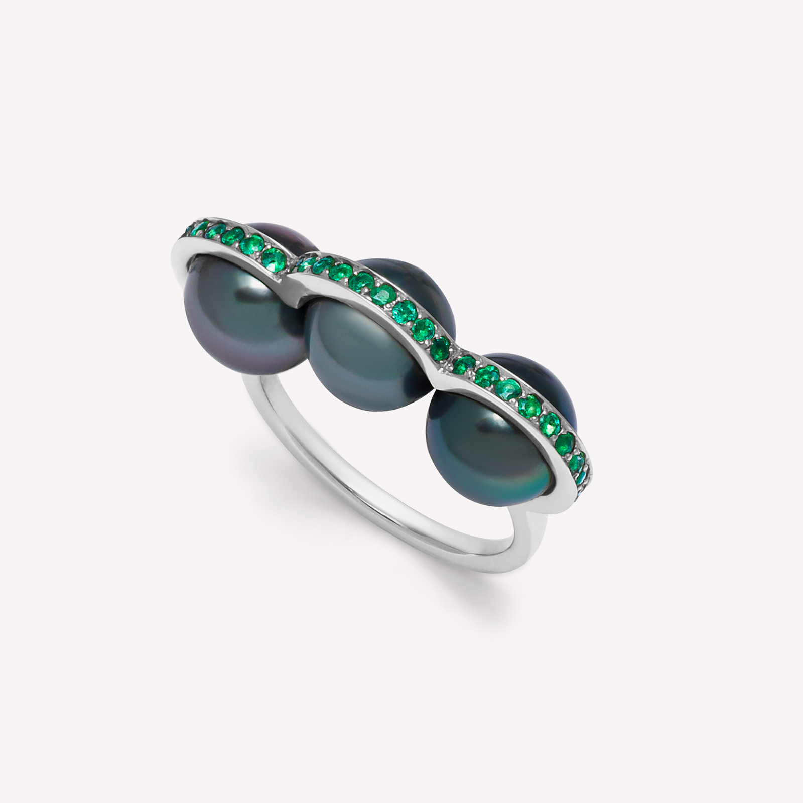 La Réserve - Bague en or jaune, émeraudes et perles de Tahiti