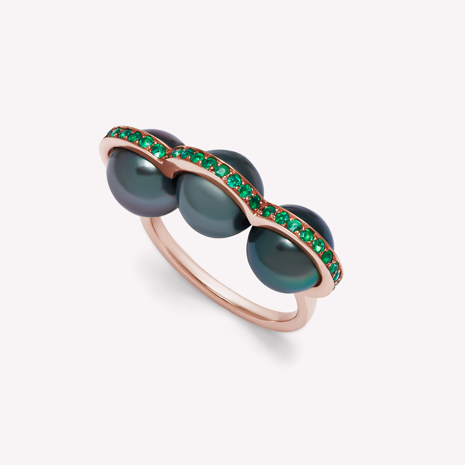 La Réserve - Bague en or jaune, émeraudes et perles de Tahiti