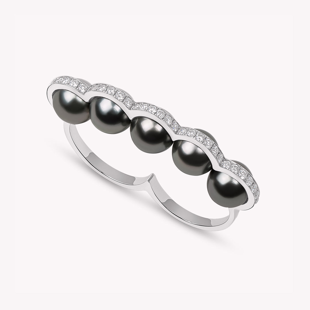 Le sporting - Double bague en or gris diamants et perles de tahiti