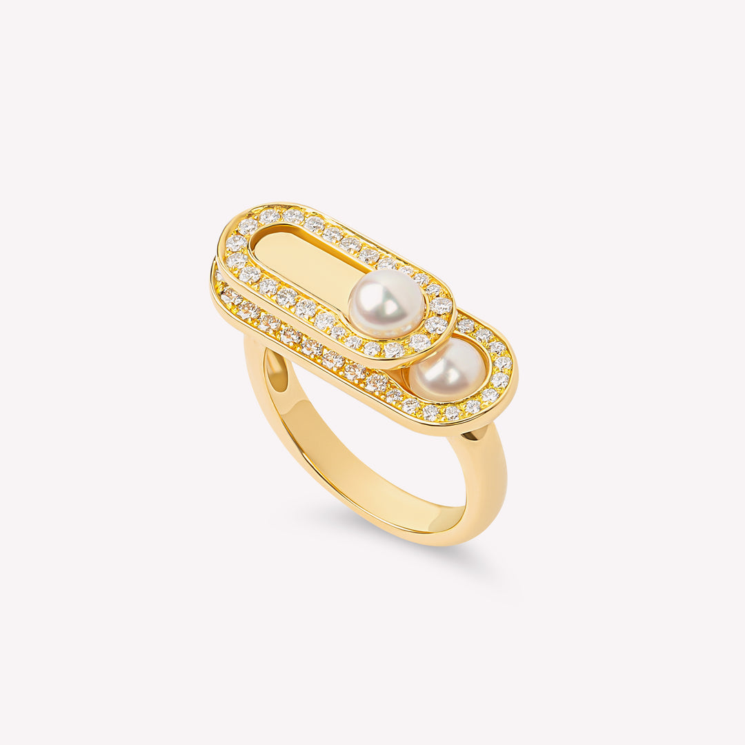 « 1928 » Bague version or jaune diamants et perles blanches