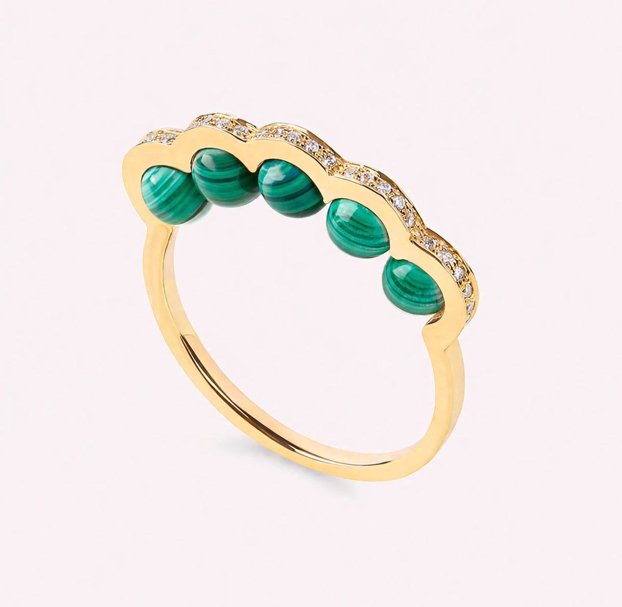 Coco beach - Bague en or rose, diamants et malachites