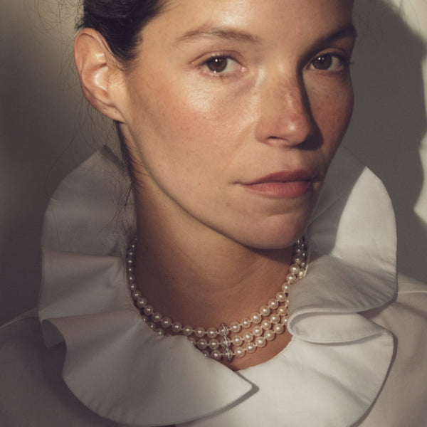 La Réserve - Collier 3 rangs - perles de culture blanches - or rose et diamants