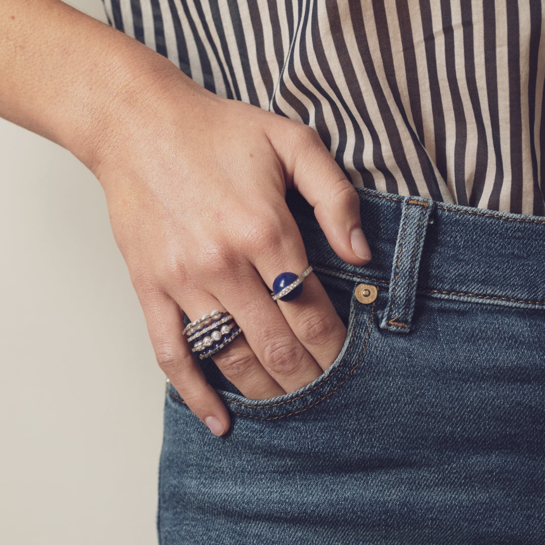 Coco Beach - Bague Or gris, diamants et perles blanches