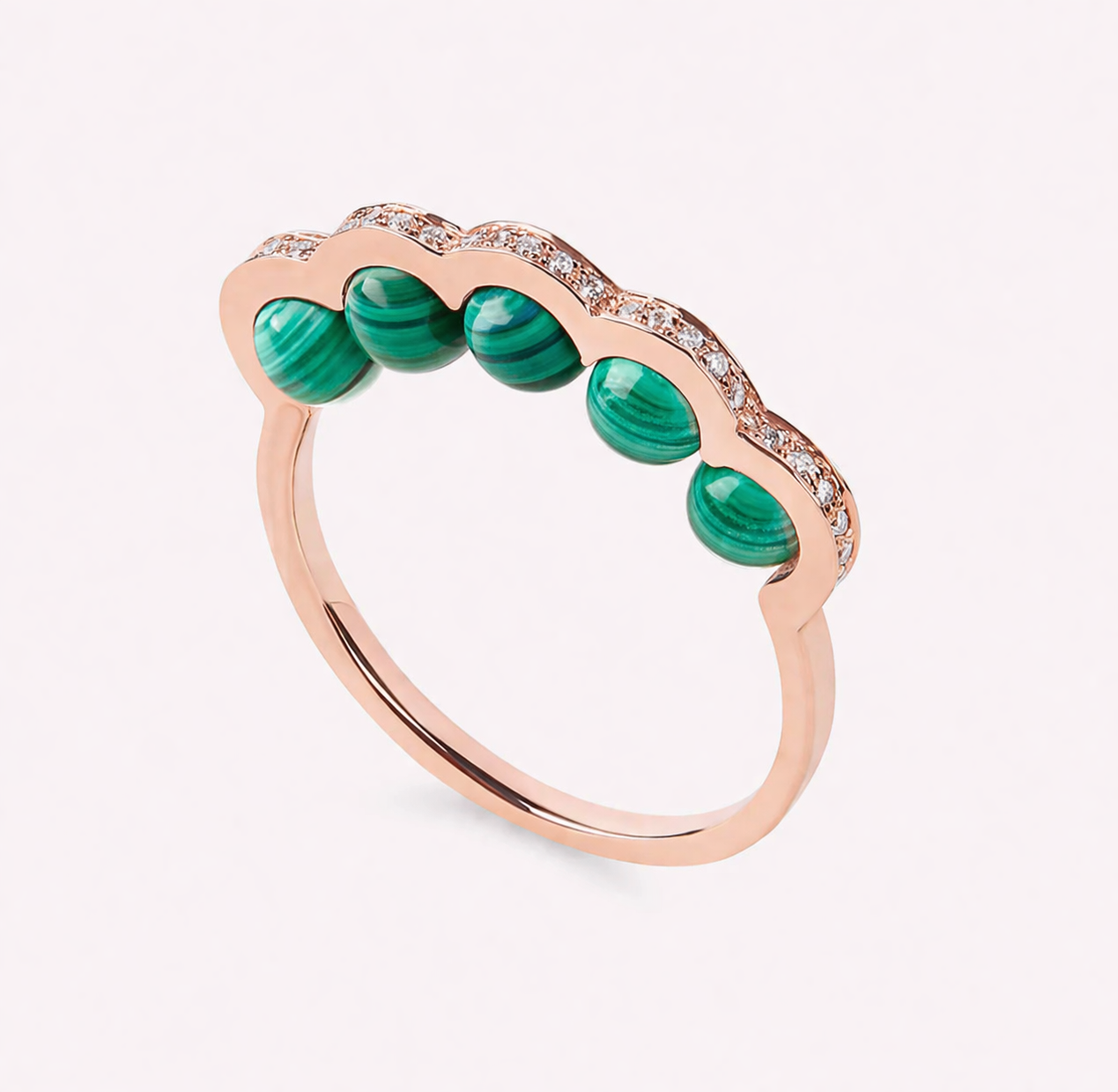 Coco beach - Bague en or rose, diamants et malachites