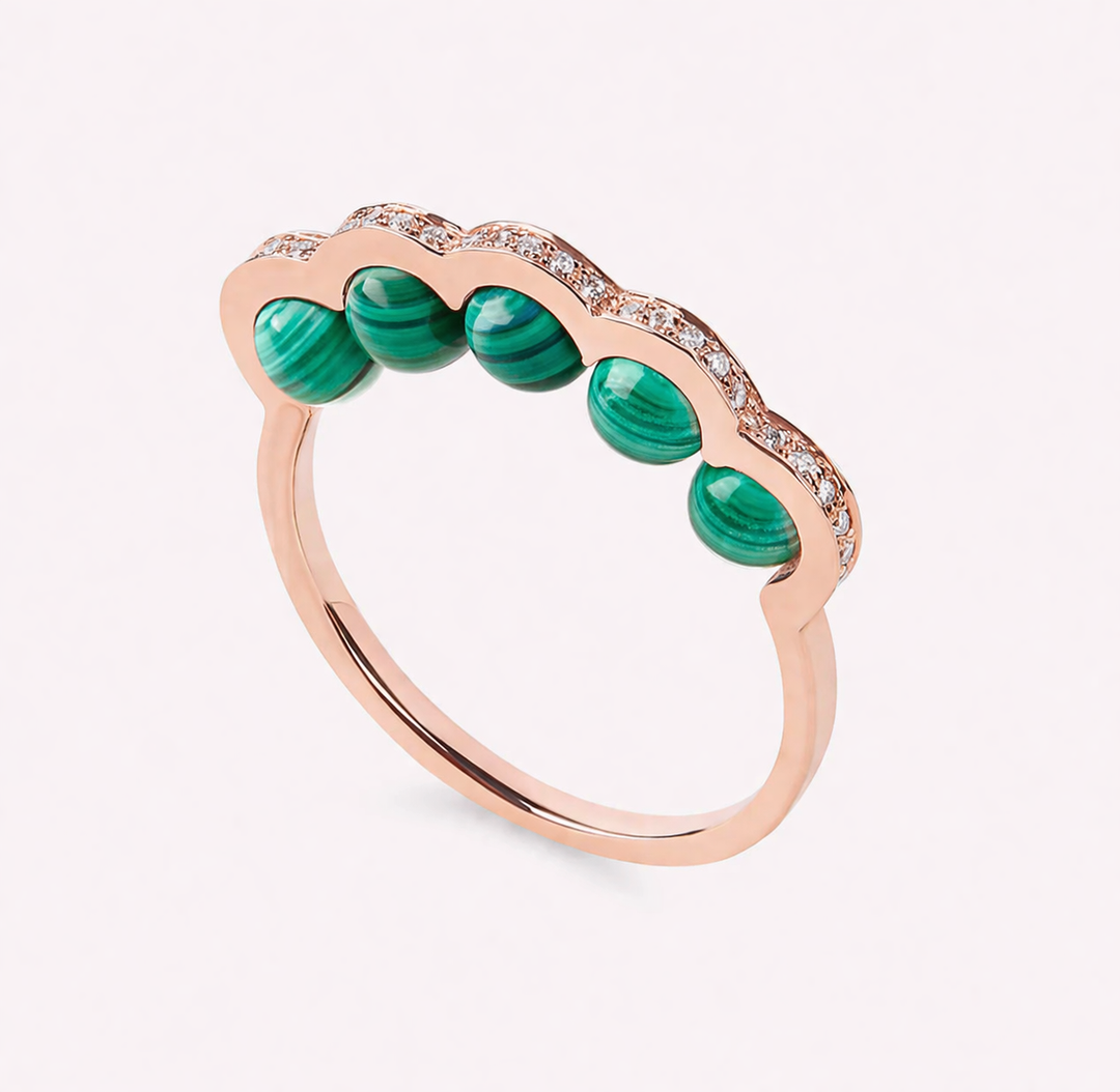 Coco beach - Bague en or rose diamants et malachites