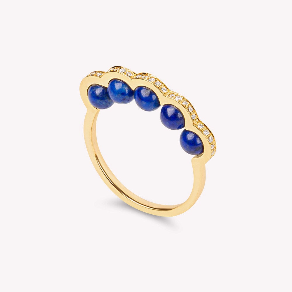 Coco Beach - Bague en or jaune diamants et perles lapis lazuli