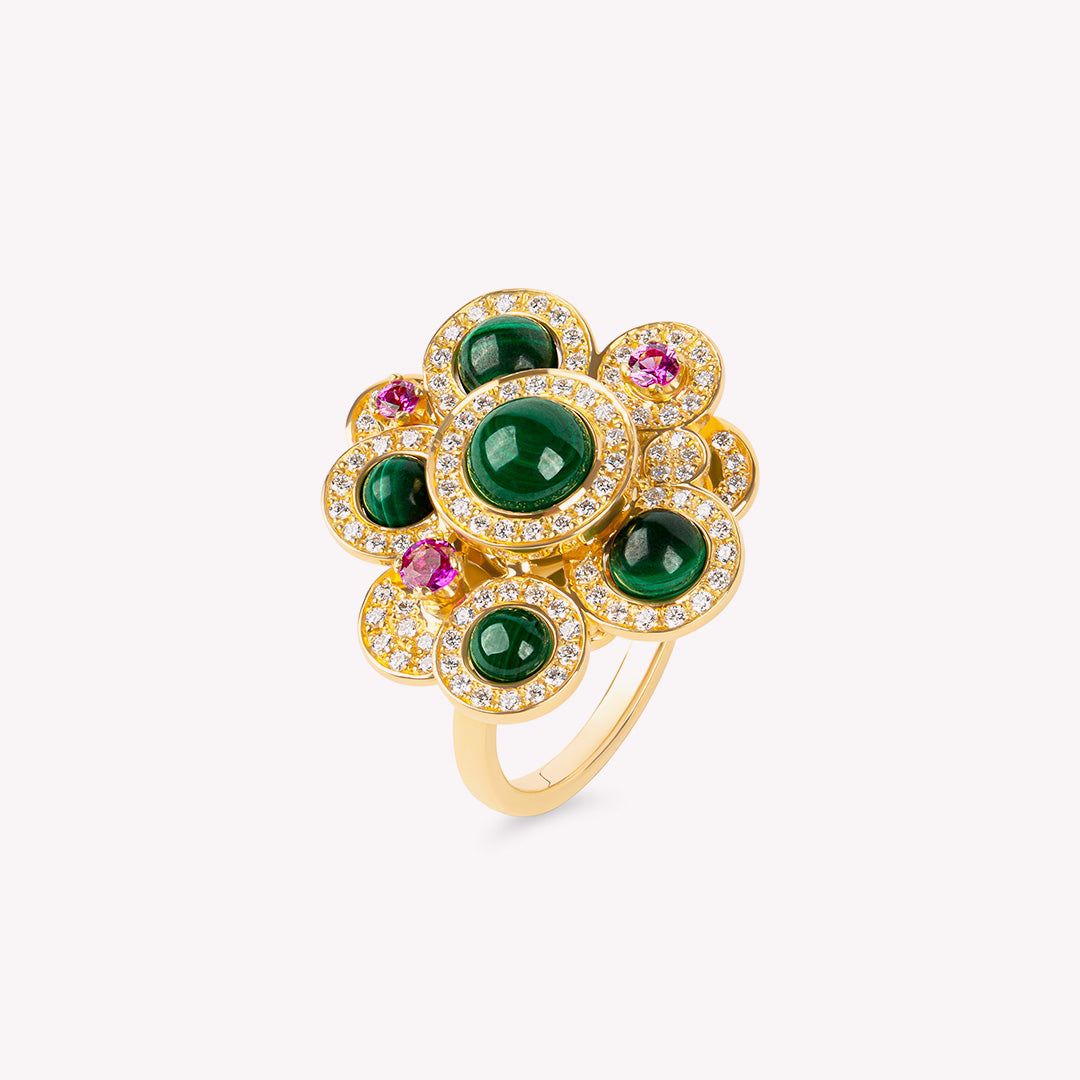 PINEDE - BAGUE GRAND MODELE EMPIERRRE -  OR JAUNE DIAMANTS SAPHIRS ROSES - MALACHITES